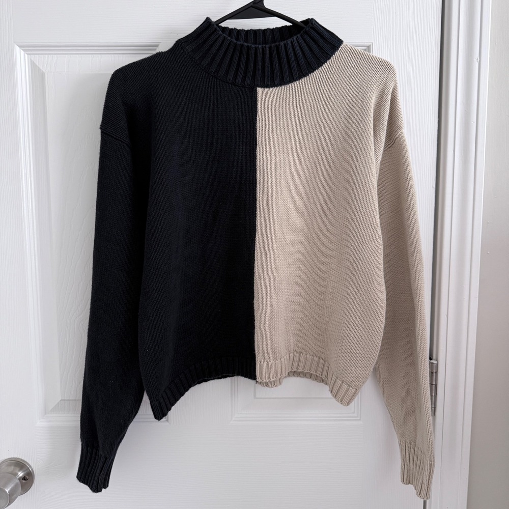 Lizsport Sweater Women Small Colorblock Black Tan Mock Neck Cotton Knit Boxy